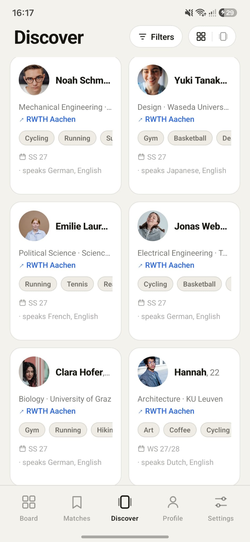 Exchange Connect Discover grid view: a scrollable grid of student cards (Noah, Yuki, Emilie, Jonas, Clara, Hannah) all heading to RWTH Aachen, each showing course, university, shared interests, semester and spoken languages.